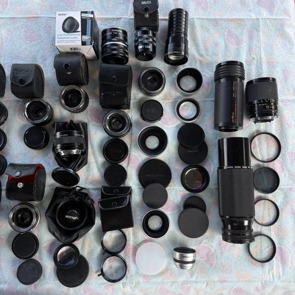 100+ Piece Lot of Camera Lenses,Filters,Extensions, Accessories & Flash-Untested